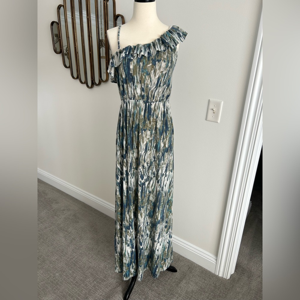 NWOT MUDD MAXI DRESS BLUE GREEN RUFFLE ONE SHOULDER BOHEMIAN ASYMMETRICAL LARGE